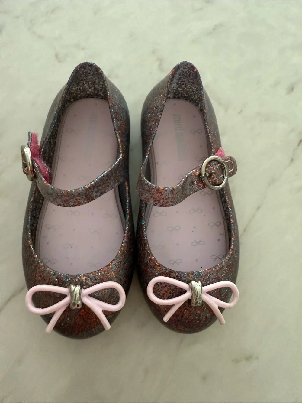 Mini Melissa Girls Glitter Mary Janes with Pink Bows